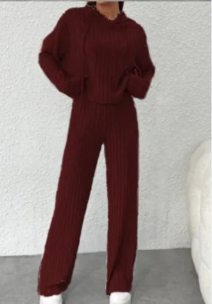 Casual Knitted Striped Hooded Sweatshirt Loose Long Sleeved Pants Two-piece Set for Women Spring Autumn Solid Color