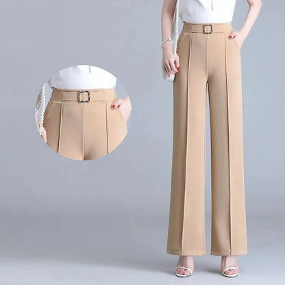 Khaki High Waist Ice Silk Wide Leg Pantalones 2023 Summer Design Mom's Straight Trousers Elegant Elastic Waist Baggy Pants Women