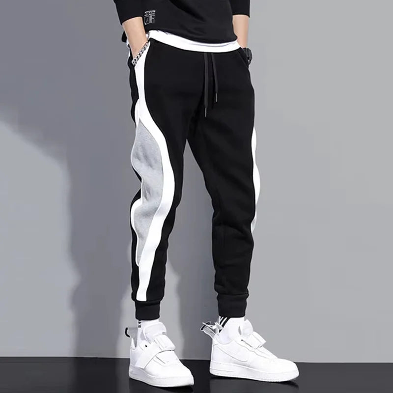 Autumn Men's Wide Loose Casual Pants Mens Patchwork Nine-point Sports  Elastic Rope Breathable Tie-foot Trousers