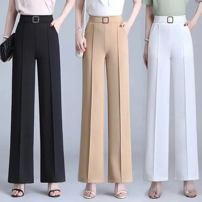 Khaki High Waist Ice Silk Wide Leg Pantalones 2023 Summer Design Mom's Straight Trousers Elegant Elastic Waist Baggy Pants Women