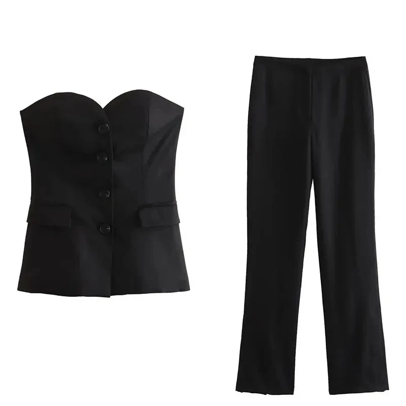 TRAFZA Elegant Women’s Pant Suit – Strapless Tank Top & Side-Slit Trousers