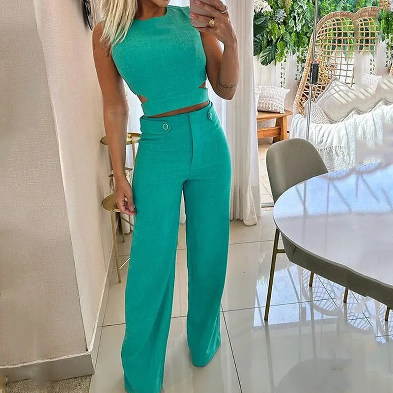 Elegant Two-Piece Women's Set – Sleeveless Splice Top & Slim Fit Trousers | Office & Casual Wear