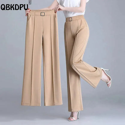 Khaki High Waist Ice Silk Wide Leg Pantalones 2023 Summer Design Mom's Straight Trousers Elegant Elastic Waist Baggy Pants Women