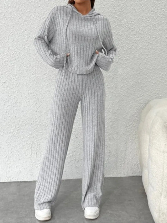 Casual Knitted Striped Hooded Sweatshirt Loose Long Sleeved Pants Two-piece Set for Women Spring Autumn Solid Color