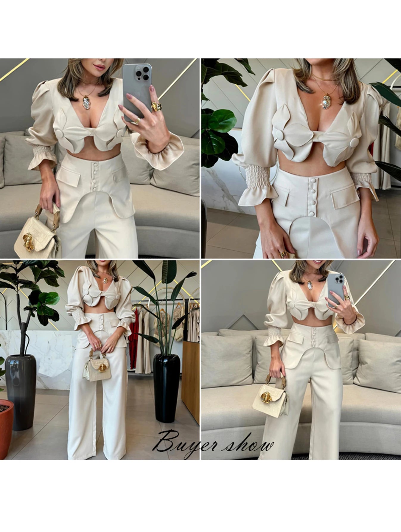 Summer Elegant Two-Piece Set for Women - Solid Long Sleeve Sexy Short Top & Wide Leg Pants Suit, Office Lady Clothing