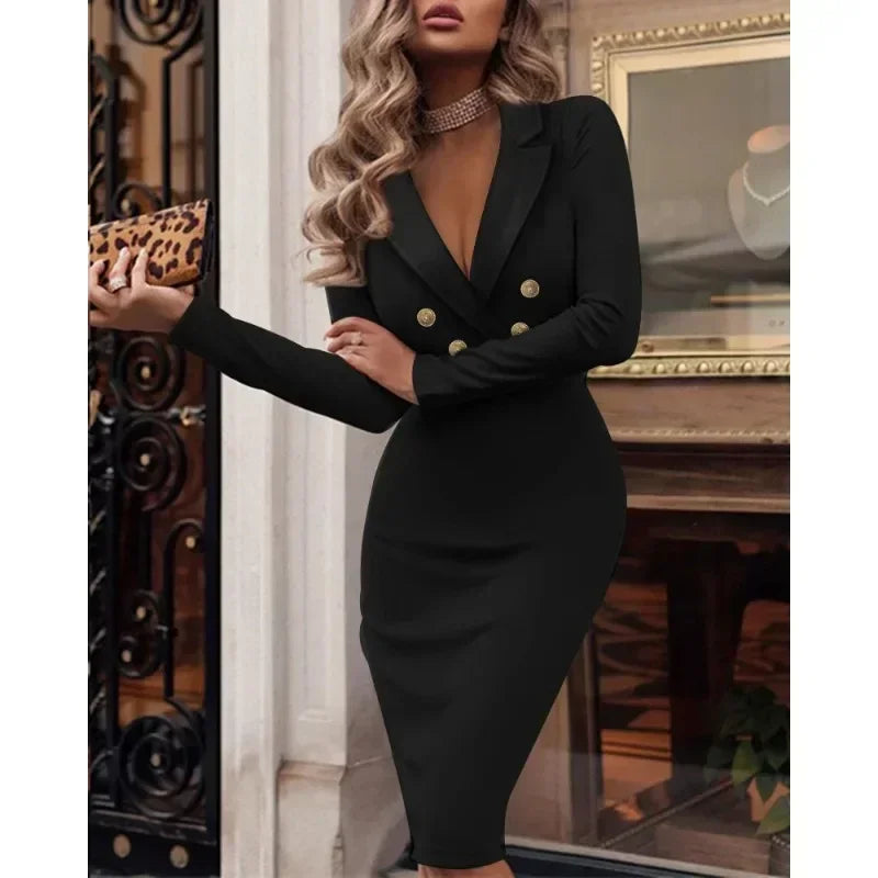 2024 Spring/Summer Women’s Business Suit Dress – Elegant V-Neck & Double Breasted