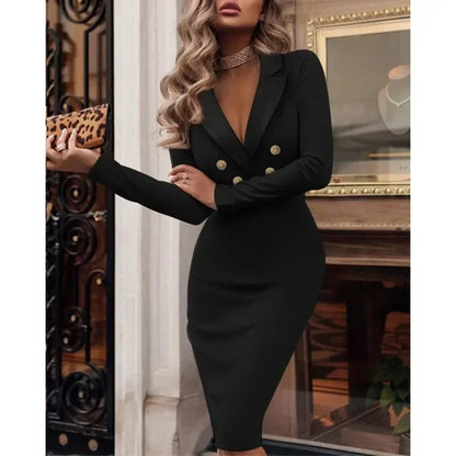 2024 Spring/Summer Women’s Business Suit Dress – Elegant V-Neck & Double Breasted