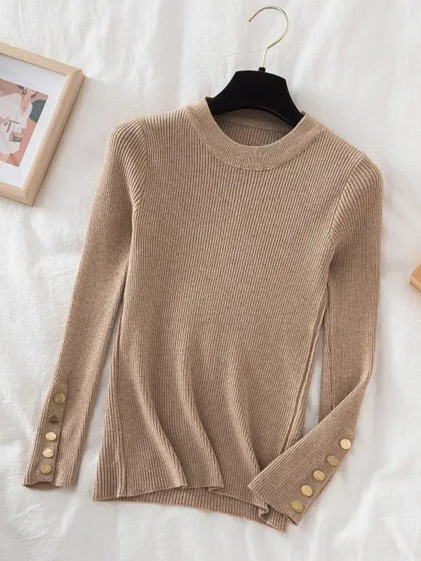 2024 Women's Chic Khaki Sweater Pullovers Casual O-Neck Knit Top for Autumn/Winter Thick Soft Jumper