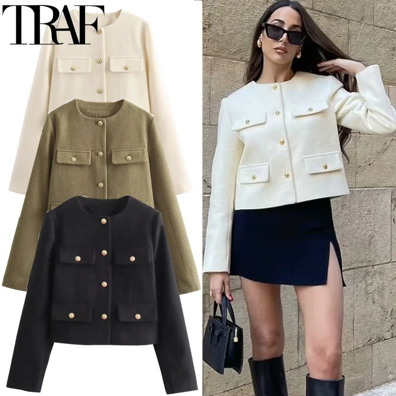 TRAF Women’s Autumn Long Sleeve Cropped Jacket – Elegant Winter Demi-Season Coat