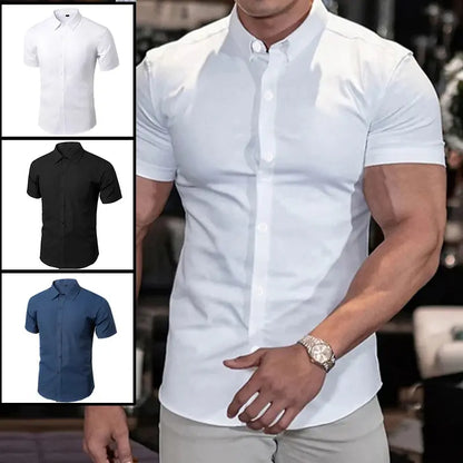 Men's No-Iron Solid Color Shirt – Stylish Casual Summer Fit in Black, White, Navy