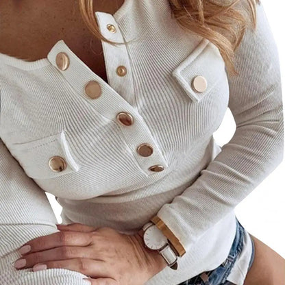 Women Sexy Solid Color Long Sleeve Blouse Plus Size Slim Buttons Ribbed Low-cut Blouse