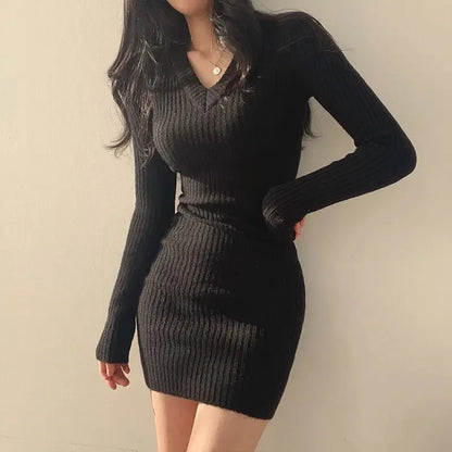 "Women’s Knit Slim Sexy Bodycon Dress | V-Neck Long Sleeve Solid Casual Midi Sweater Dress for Autumn & Winter