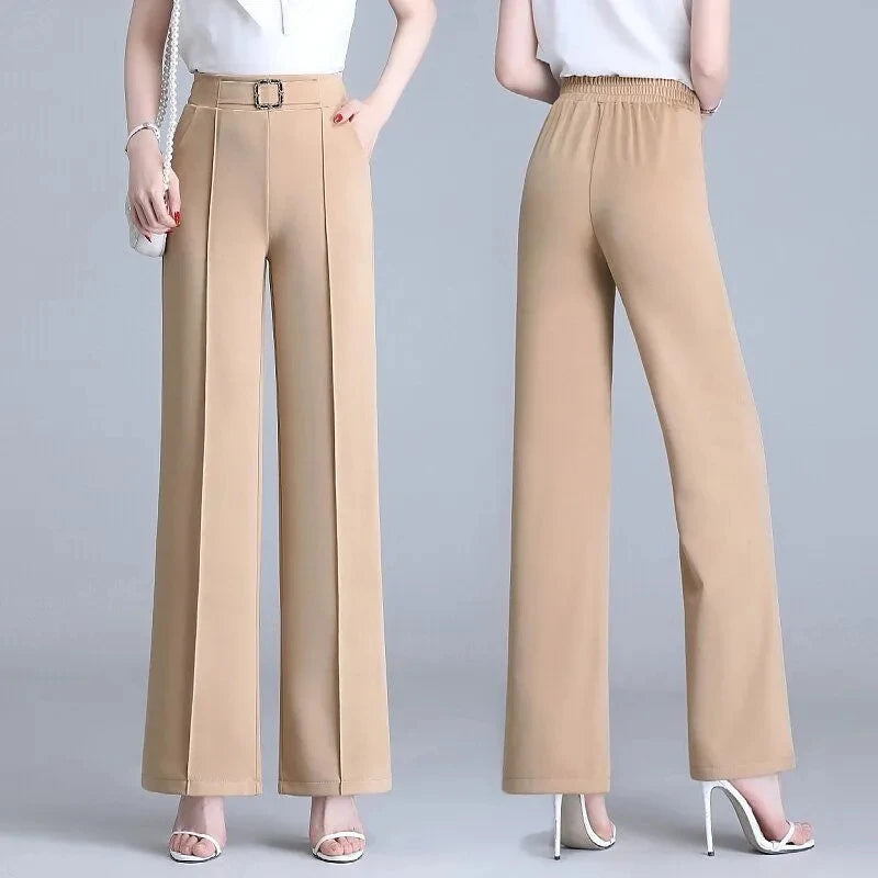 Khaki High Waist Ice Silk Wide Leg Pantalones 2023 Summer Design Mom's Straight Trousers Elegant Elastic Waist Baggy Pants Women