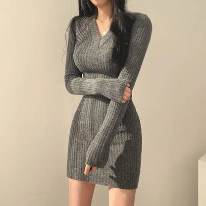 "Women’s Knit Slim Sexy Bodycon Dress | V-Neck Long Sleeve Solid Casual Midi Sweater Dress for Autumn & Winter