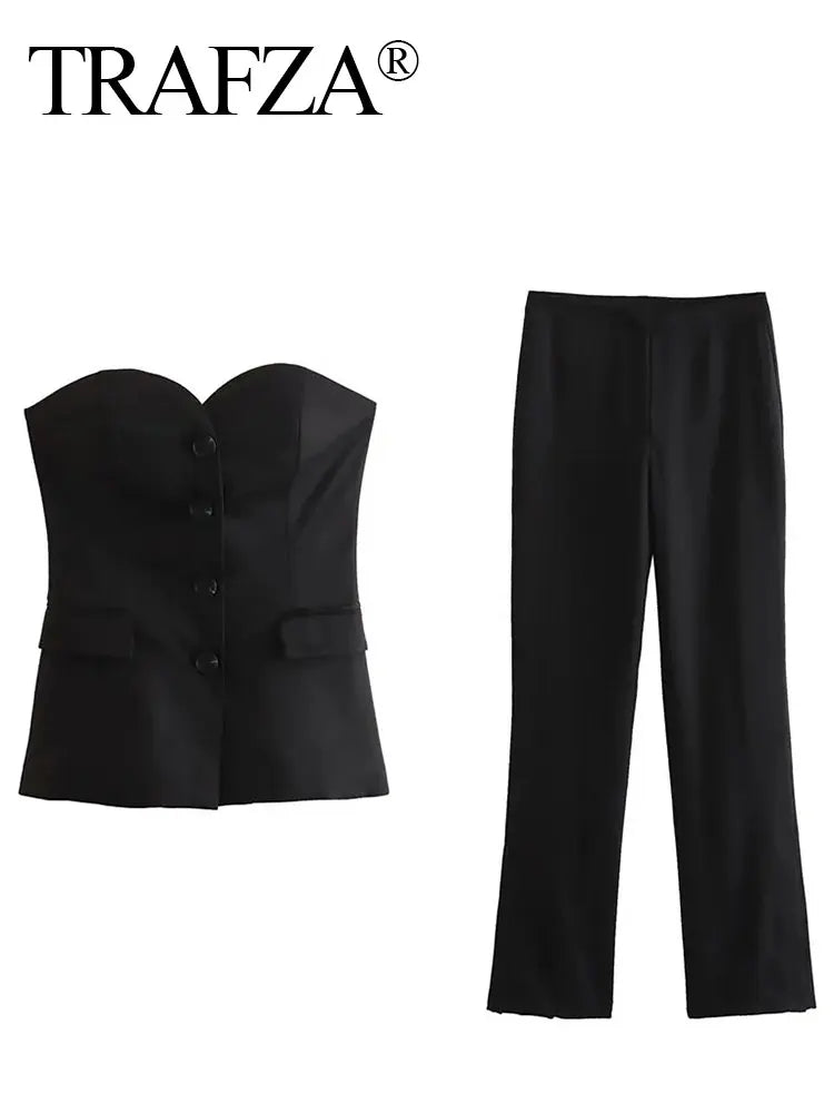 TRAFZA Elegant Women’s Pant Suit – Strapless Tank Top & Side-Slit Trousers