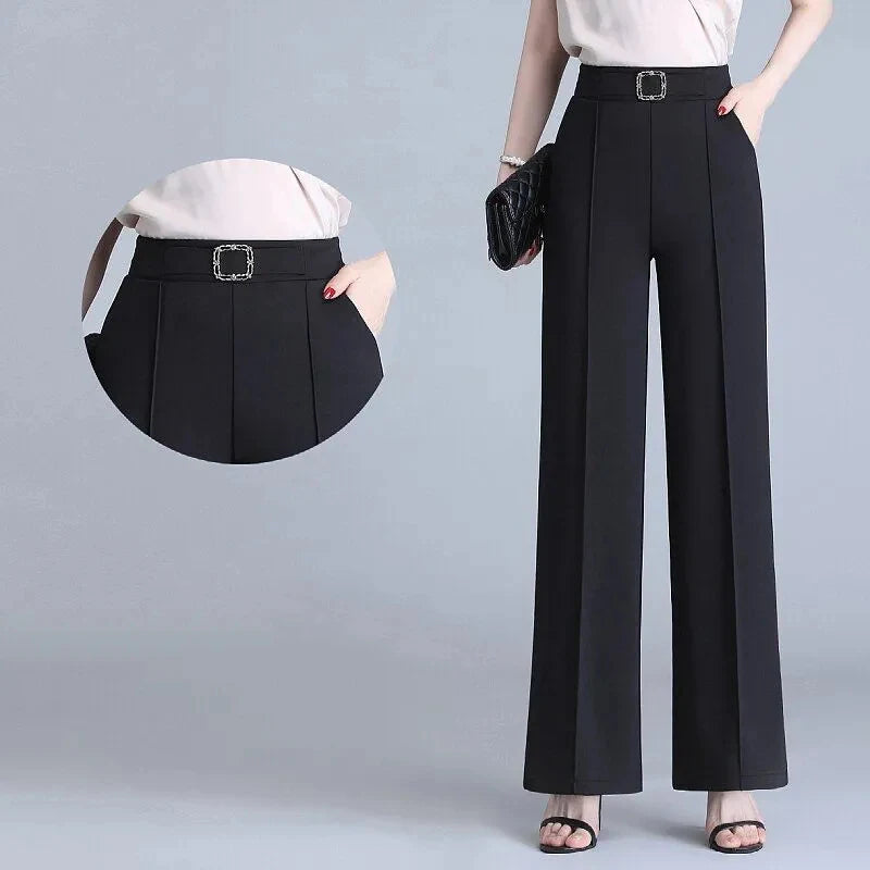 Khaki High Waist Ice Silk Wide Leg Pantalones 2023 Summer Design Mom's Straight Trousers Elegant Elastic Waist Baggy Pants Women