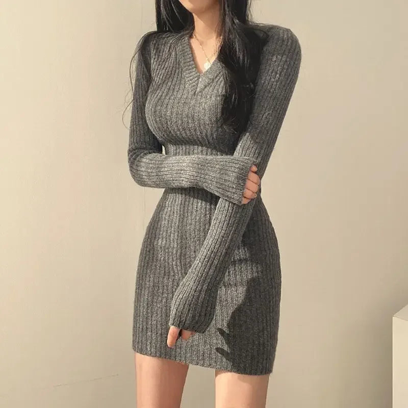 "Women’s Knit Slim Sexy Bodycon Dress | V-Neck Long Sleeve Solid Casual Midi Sweater Dress for Autumn & Winter