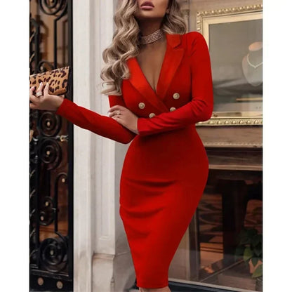 2024 Spring/Summer Women’s Business Suit Dress – Elegant V-Neck & Double Breasted