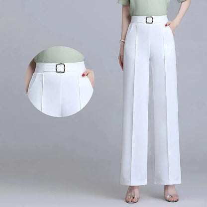 Khaki High Waist Ice Silk Wide Leg Pantalones 2023 Summer Design Mom's Straight Trousers Elegant Elastic Waist Baggy Pants Women