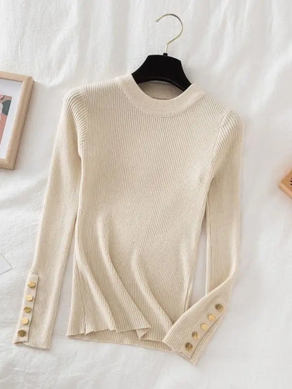 2024 Women's Chic Khaki Sweater Pullovers Casual O-Neck Knit Top for Autumn/Winter Thick Soft Jumper