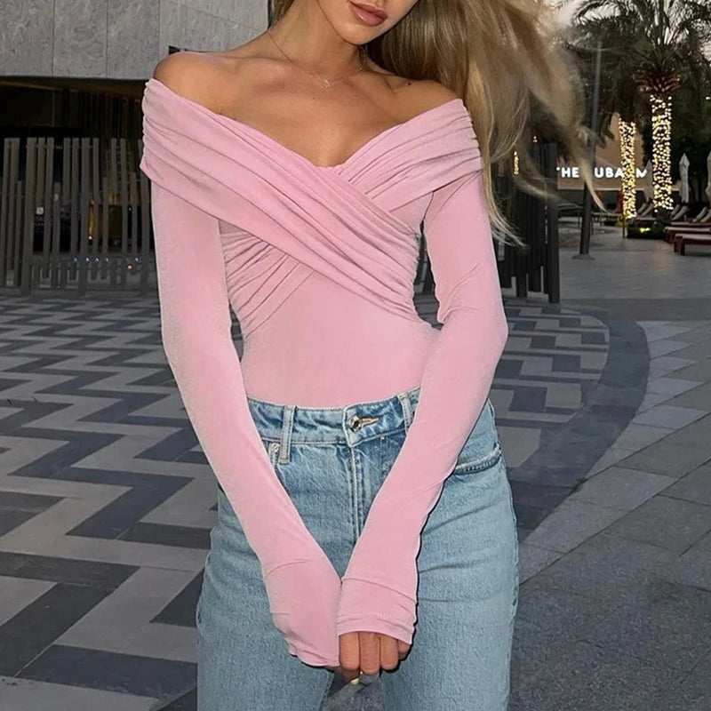 Sexy Off Shoulder Bodysuits Women Fashion Black Crossed Folds Skinny Rompers Long Sleeve Fashion Streetwear Autumn Bodysuits New