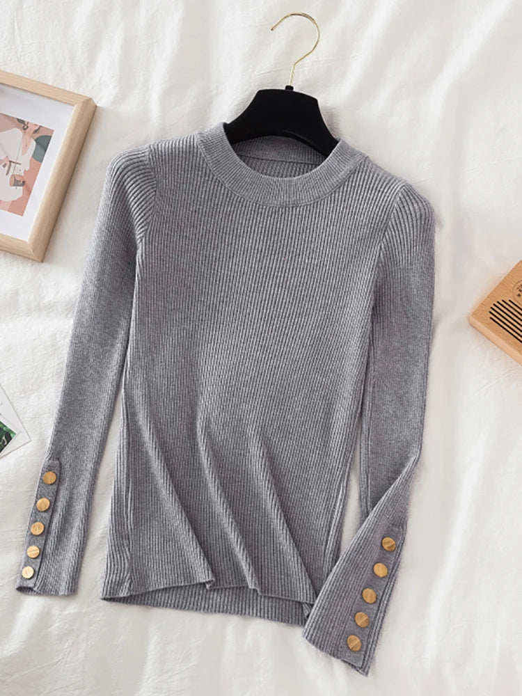 2024 Women's Chic Khaki Sweater Pullovers Casual O-Neck Knit Top for Autumn/Winter Thick Soft Jumper