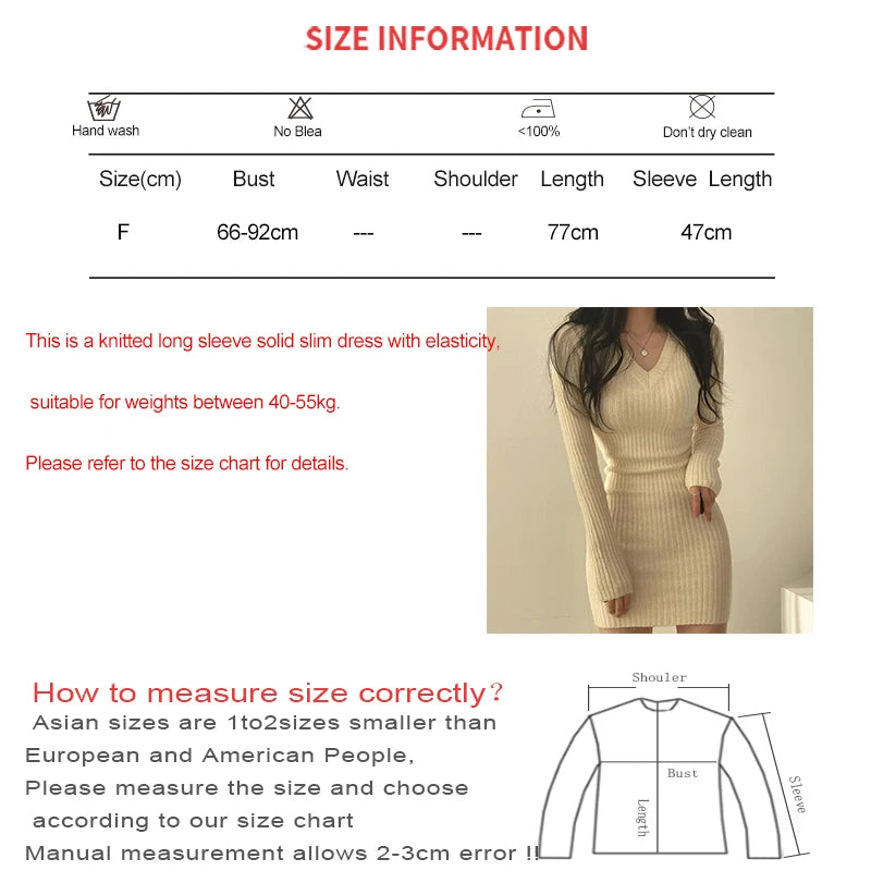 "Women’s Knit Slim Sexy Bodycon Dress | V-Neck Long Sleeve Solid Casual Midi Sweater Dress for Autumn & Winter