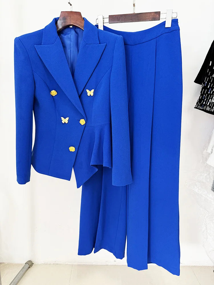 HIGH STREET Newest Fashion 2024 Designer Blazer Suit Women's Rose Buttons Asymmetrical Blazer Straight Pants Set 2pcs