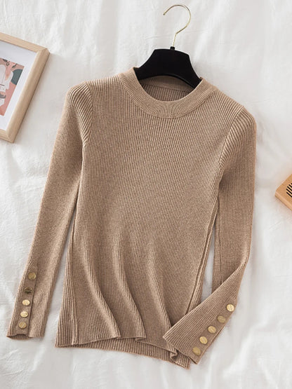 2024 Women's Chic Khaki Sweater Pullovers Casual O-Neck Knit Top for Autumn/Winter Thick Soft Jumper