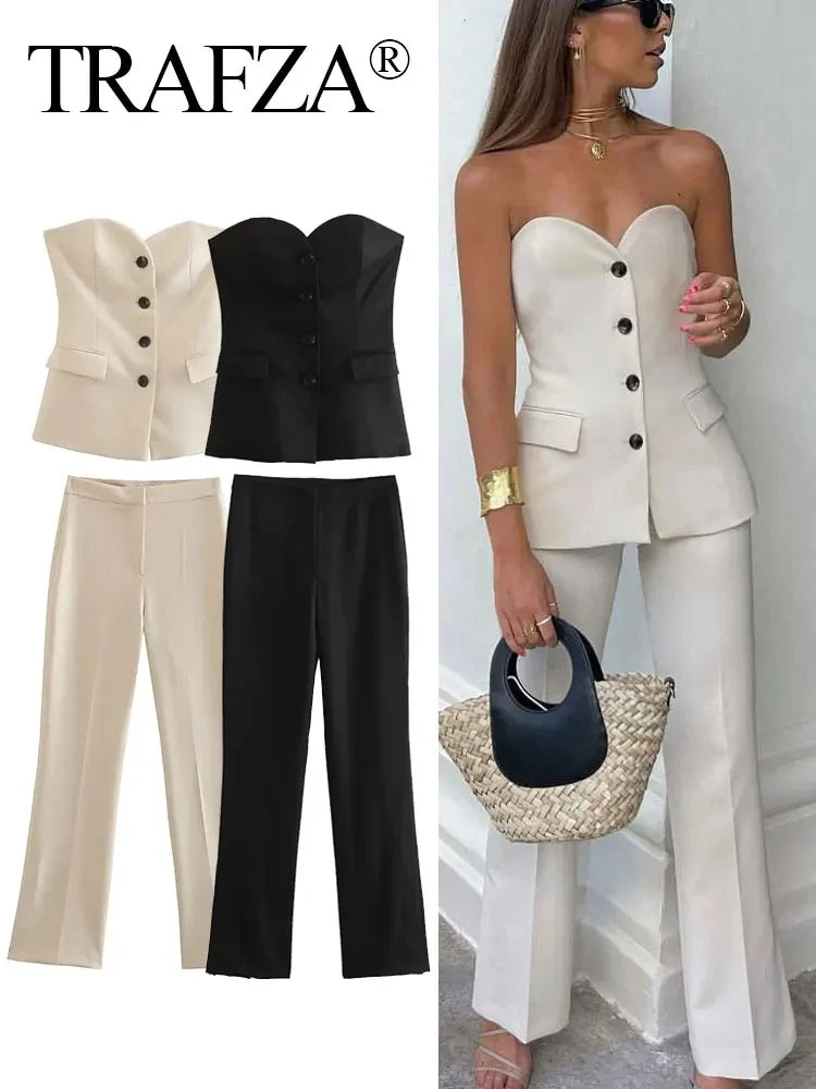 TRAFZA Elegant Women’s Pant Suit – Strapless Tank Top & Side-Slit Trousers