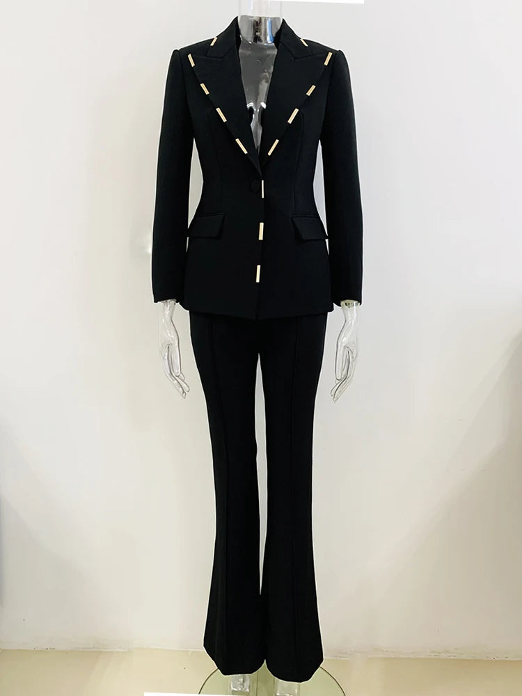 Newest 2024 High Street Women’s Suit Set – Metal Block Blazer & Flare Pants