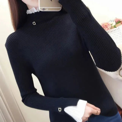 Y2K Turtleneck Sweater with Lace Patchwork – Elegant Flare Sleeve Autumn/Winter Pullover for Women