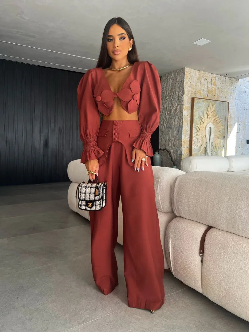 Summer Elegant Two-Piece Set for Women - Solid Long Sleeve Sexy Short Top & Wide Leg Pants Suit, Office Lady Clothing