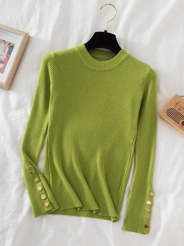 2024 Women's Chic Khaki Sweater Pullovers Casual O-Neck Knit Top for Autumn/Winter Thick Soft Jumper