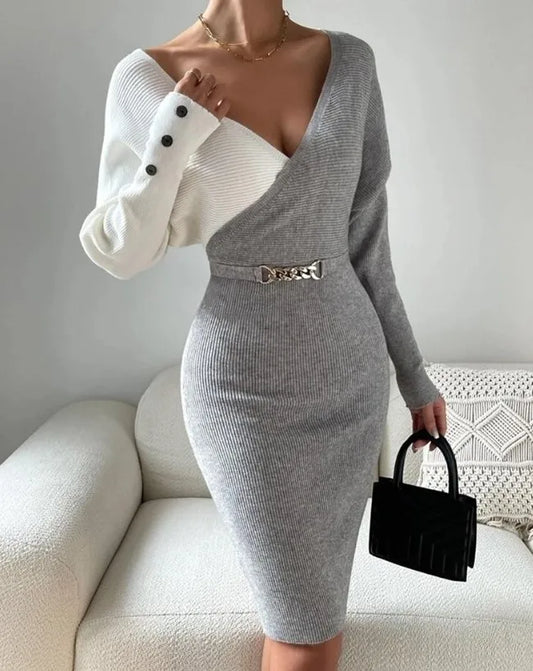 Autumn & Winter New Women's Fashion V-Neck Splice Knit Dress – Elegant Slim Fit Sexy Wrapped Hip Casual Dress