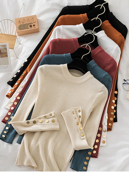 2024 Women's Chic Khaki Sweater Pullovers Casual O-Neck Knit Top for Autumn/Winter Thick Soft Jumper