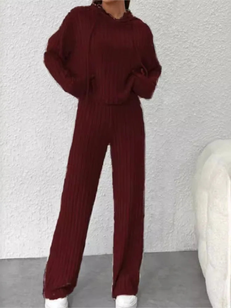 Casual Knitted Striped Hooded Sweatshirt Loose Long Sleeved Pants Two-piece Set for Women Spring Autumn Solid Color