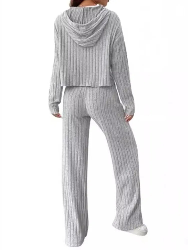 Casual Knitted Striped Hooded Sweatshirt Loose Long Sleeved Pants Two-piece Set for Women Spring Autumn Solid Color