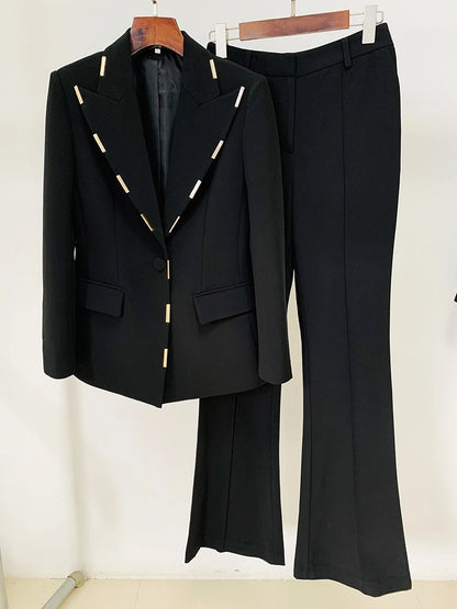 Newest 2024 High Street Women’s Suit Set – Metal Block Blazer & Flare Pants