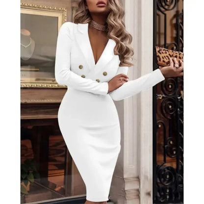 2024 Spring/Summer Women’s Business Suit Dress – Elegant V-Neck & Double Breasted