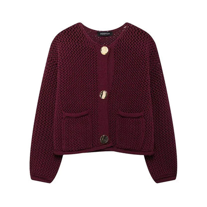 TRAFZA 2024 Women’s Casual Cardigan Sweater Coat with 2 Pockets and Metal Buttons – Wine Red Solid Knitted Sweater for Autumn Street Trends