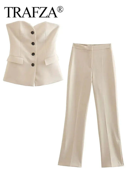 TRAFZA Elegant Women’s Pant Suit – Strapless Tank Top & Side-Slit Trousers