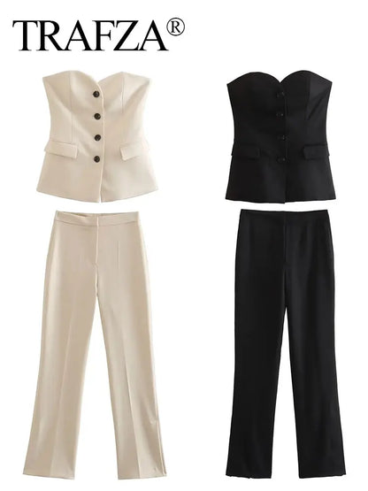 TRAFZA Elegant Women’s Pant Suit – Strapless Tank Top & Side-Slit Trousers