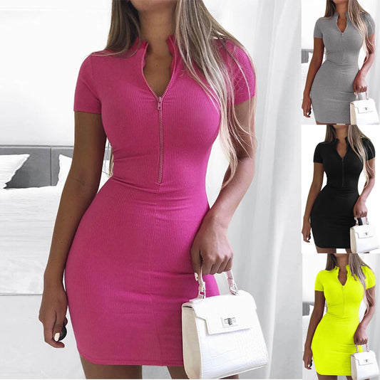 Women's Spring New Cross-Border European & American Sexy Wrap Hip Dress | Short Sleeve Zipper Miniskirt