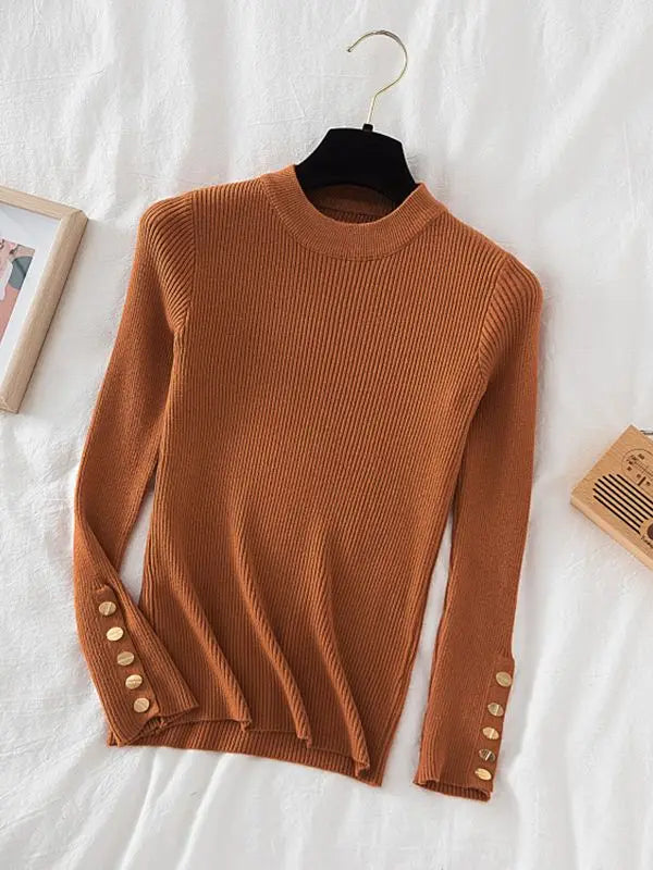 2024 Women's Chic Khaki Sweater Pullovers Casual O-Neck Knit Top for Autumn/Winter Thick Soft Jumper