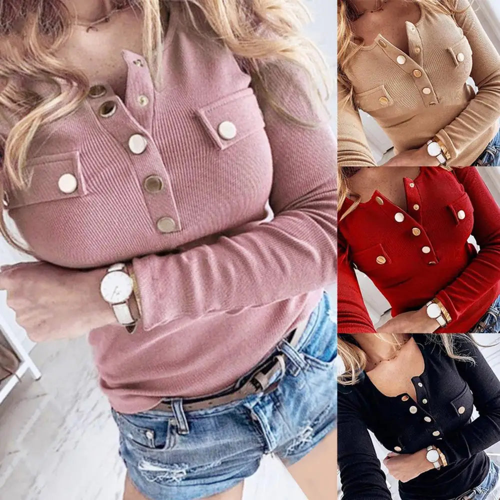 Women Sexy Solid Color Long Sleeve Blouse Plus Size Slim Buttons Ribbed Low-cut Blouse